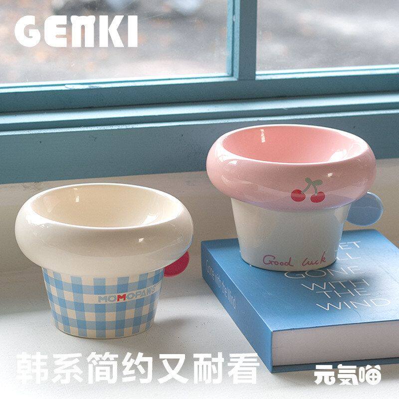 圆把手圈圈陶瓷碗韩系猫咪狗狗水碗粮碗高脚釉下彩宠物碗