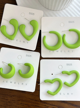 S925银针夏日小清新糖果青绿色C形爱心耳钉耳环ins风个性圆形耳圈