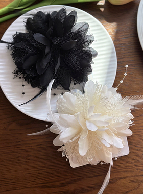 经典黑白色大花朵胸针质感气质网面布艺羽毛胸花超美外套配饰别针