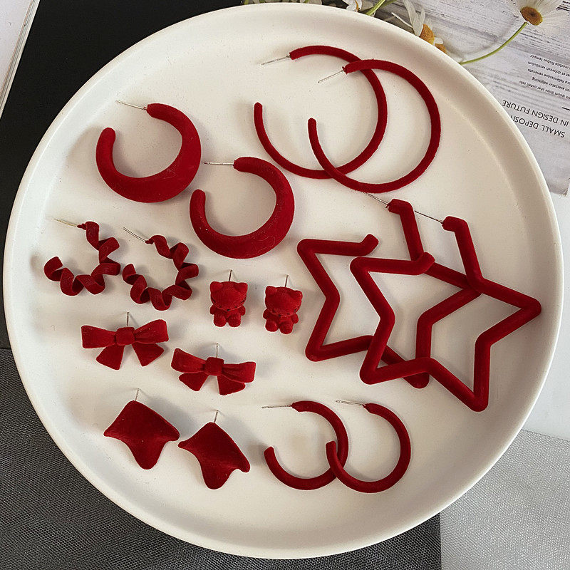 S925银针新年大红色植绒耳环秋冬复古几何圆圈蝴蝶结耳钉气质耳饰,饰品/流行首饰/时尚饰品新,耳环,淘宝优惠券,粉丝福利购,淘宝优惠卷