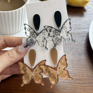 新中式国风水墨字蝴蝶耳环小众设计感枯叶蝶耳钉古风汉服旗袍配饰