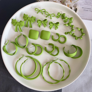 夏季 高级感小清新青草绿色耳环耳圈百搭蝴蝶结耳钉C形圆圈耳饰品