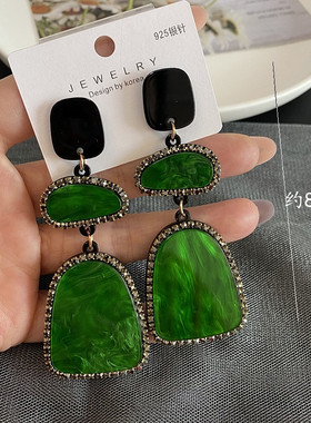 欧美夸张长款耳环女气质时尚大理石纹翠绿色复古耳钉水钻几何耳坠