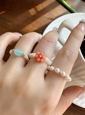 气质唯美珍珠串珠小花戒指指环