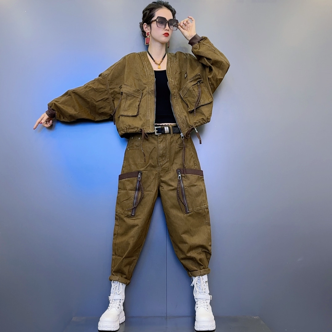 QC2秋季重工刺绣洗水牛仔【黑 卡其】色外套-侧边大口袋洗水牛仔