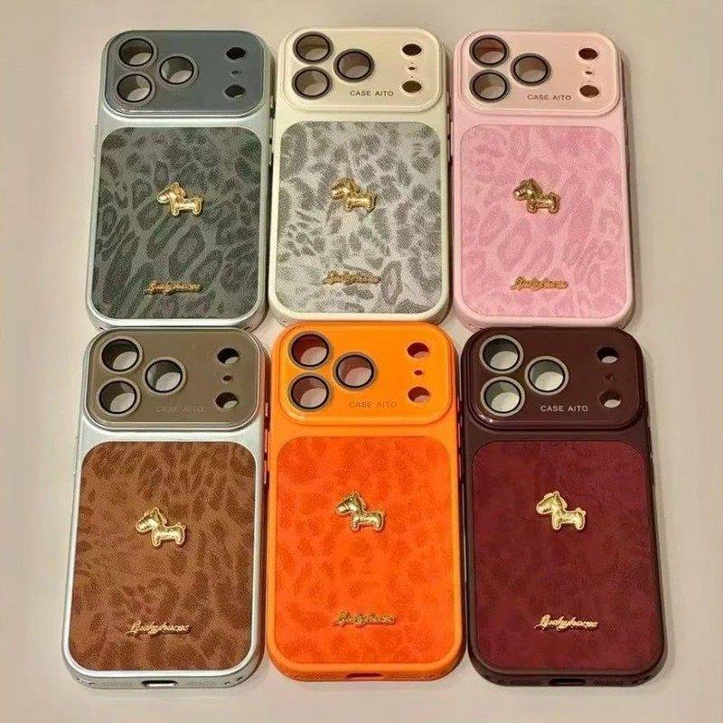 复古豹纹底立体金色小马适用苹果17promax手机保护壳iphone16pro新款15男女14网红13全包保护17pro情侣防摔套,3C数码配件,手机保护套/壳,淘宝优惠券,粉丝福利购,淘宝优惠卷