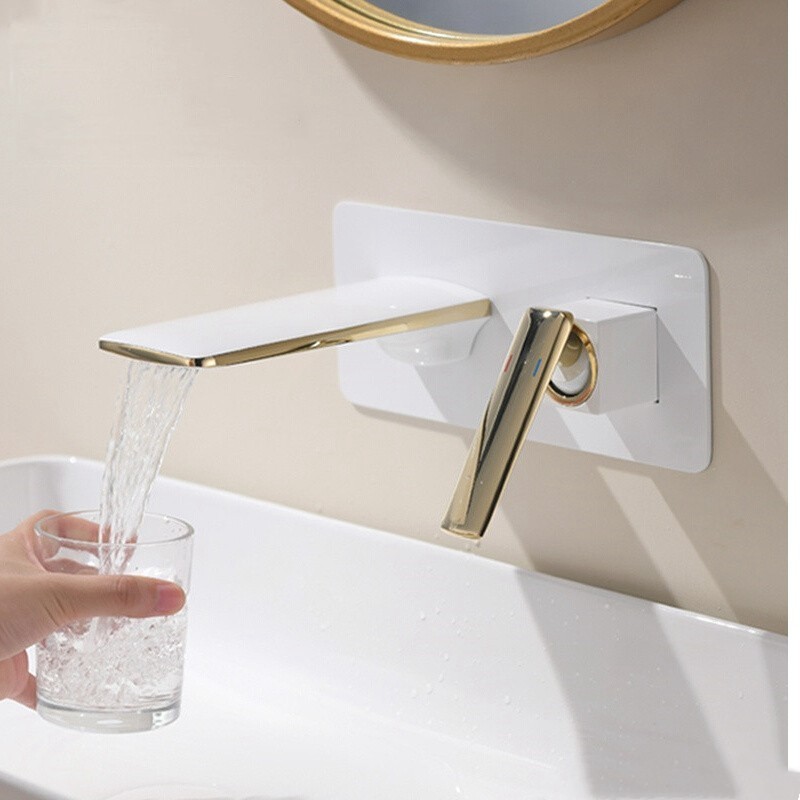 全铜入墙式暗装面盆冷热水龙头白色嵌入式洗脸台上盆浴室柜水龙头