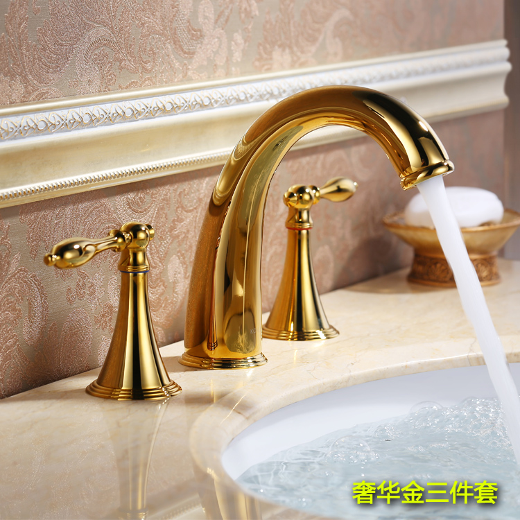 欧式金色三孔水龙头全铜冷热浴室洗脸盆龙头复古台盆面盆水龙头