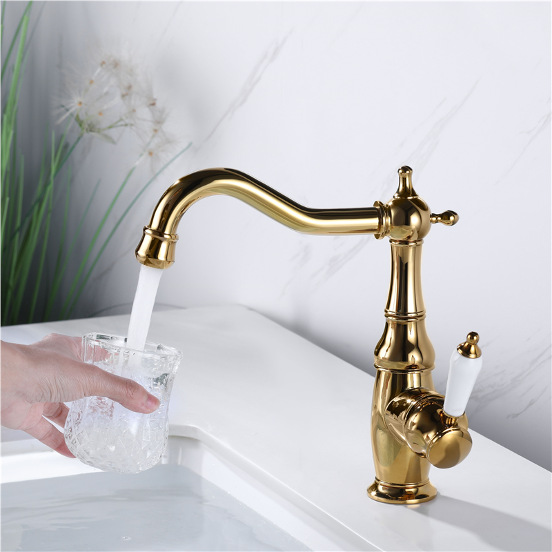 欧式黄铜金色旋转面盆龙头