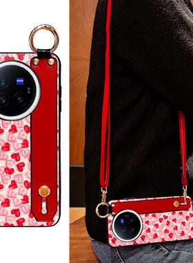 Icool适用xfold3pro红色爱心斜挎vivoXFold2折叠屏皮壳腕带支架XFOLD+硅胶新年喜庆大红Xfold2手机外壳送挂绳