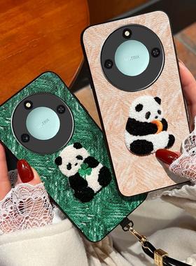 Icool适用荣耀x60pro小众创意X70手机壳x40i潮牌挂绳X30MAX全包硅胶皮套X50i绿色外壳刺绣竹子v40小熊猫国风