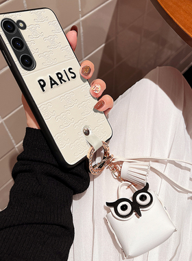 三星S25刺绣手机壳s24白色复古潮皮套S23猫头鹰挂饰挂绳软s22ultra保护壳软S21硅胶套NOTE20ULTRA全包适用于