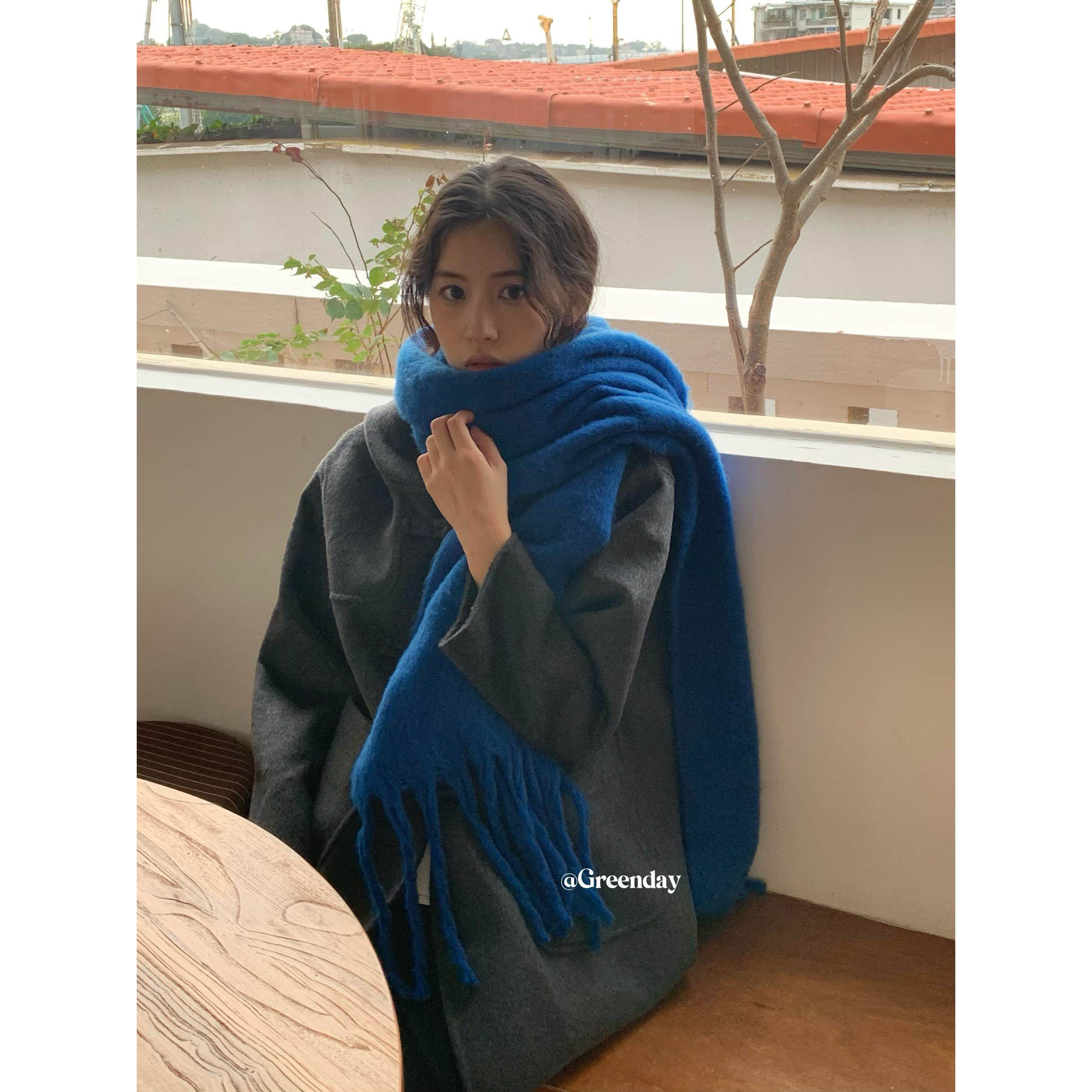 2025冬季新款韩系宝蓝色保暖围巾