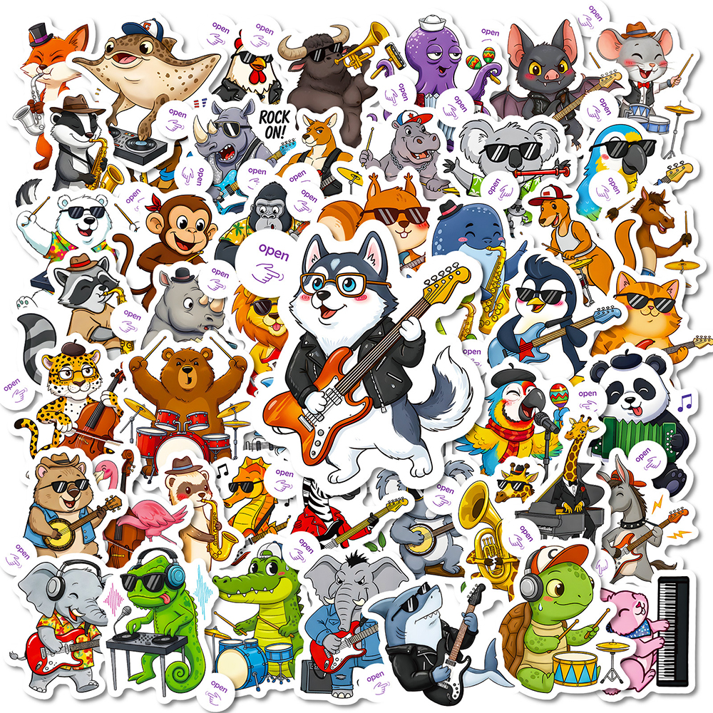 100张动物乐器贴纸卡通可爱搞怪趣味小清新猴子鳄鱼装饰diy手账
