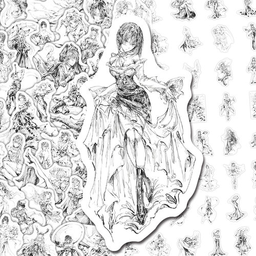 136张黑白线条OC人物贴纸线稿速写练习美术生参考临摹diy手帐贴画