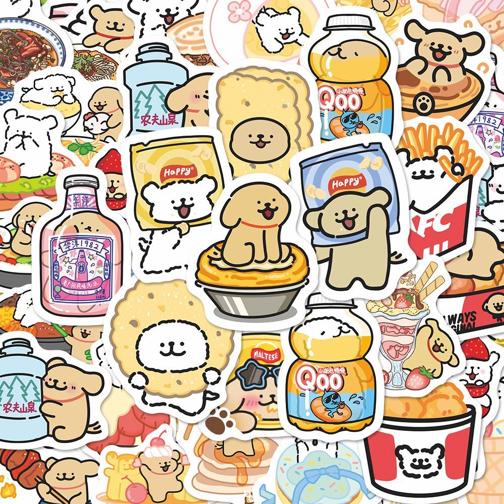 180张食物线条小狗贴纸可爱手绘卡通爆款马尔济斯小鸡毛手机贴画