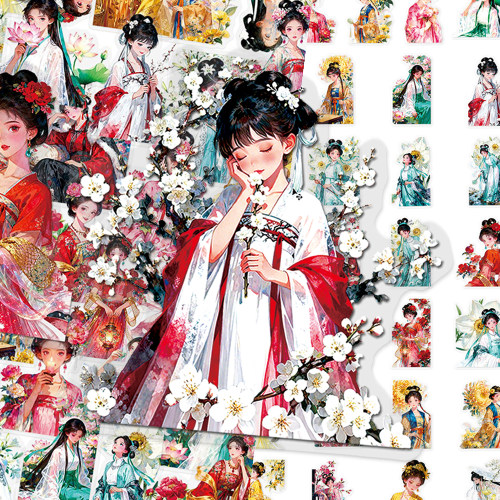100张花卉古风少女PET贴纸创意插画diy手账手机壳水杯防水贴画