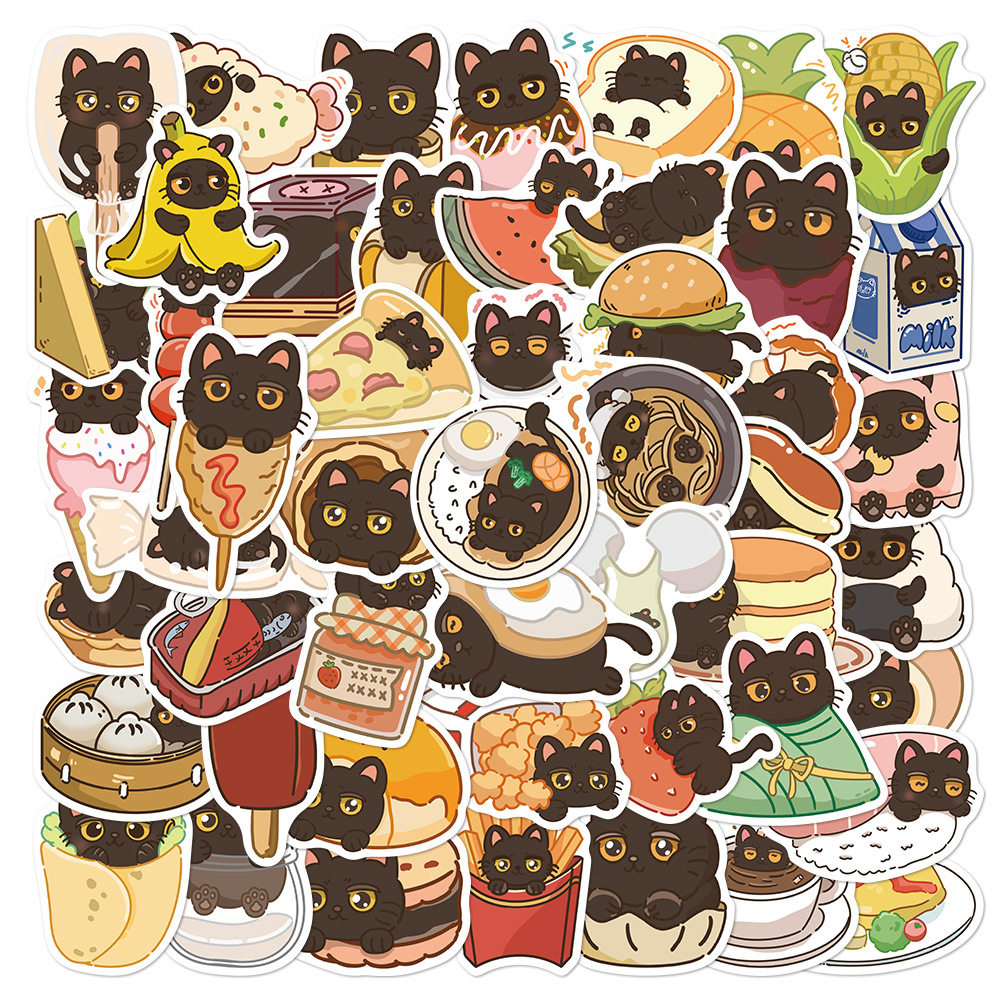 100张卡通小黑猫贪吃日记贴纸可爱猫咪食物插画DIY创意装饰贴画