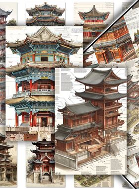 126张古代建筑设计贴纸中国古建之美老祖宗的审美创意diy平板手账