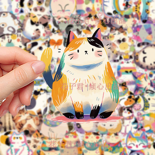 100张原创彩绘百变猫咪PET贴纸卡通可爱猫猫搞怪趣味小表情贴画