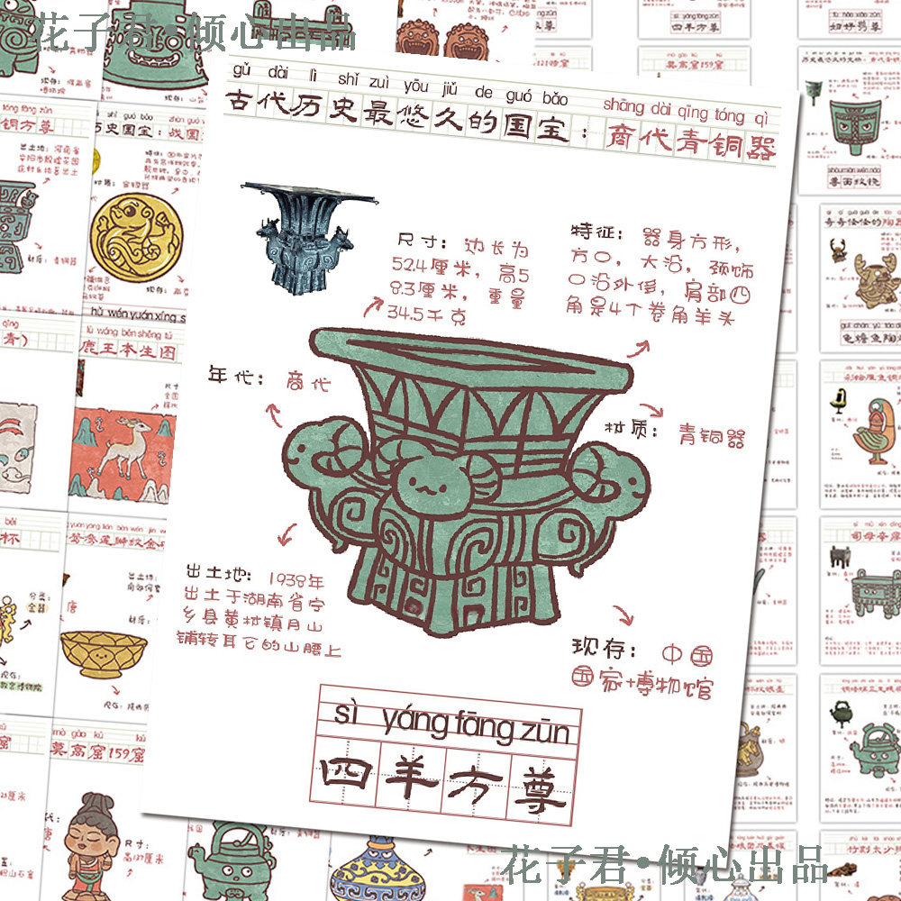 108张历史文物图鉴贴纸卡通手绘文物知识科普图文贴画diy桌面文具