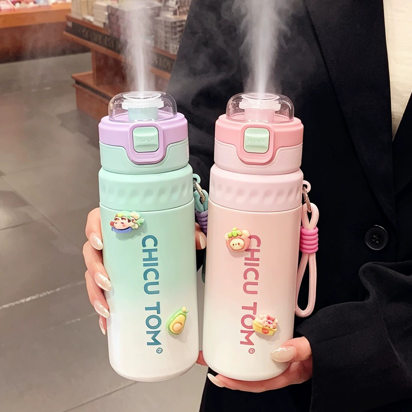 简约保温杯女生高颜值喷雾双饮水杯学生上学便携运动杯子大容量