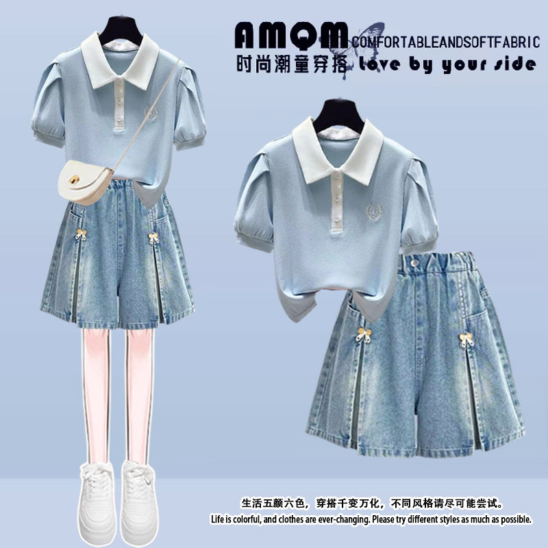 小清新时尚套装女夏季学生学院风polo衫短袖上衣牛仔短裤两件套潮