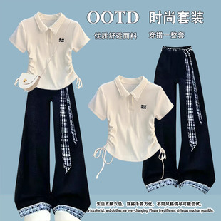 韩版中大童女生夏新款小个子韩版宽松抽绳短袖T恤+格纹牛仔裤套装