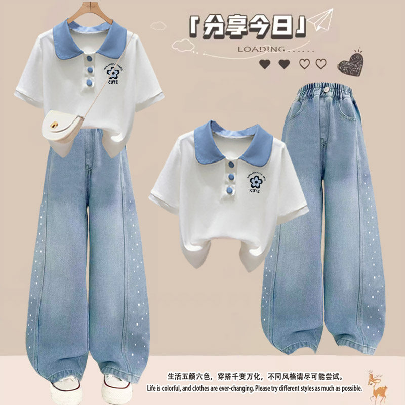 女童夏装套装2026新款中大童polo短袖上衣儿童烫钻牛仔裤子两件套