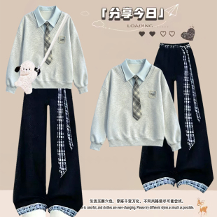 春秋五六年级女生中大童韩版假两件POLO领卫衣洋气休闲牛仔裤套装