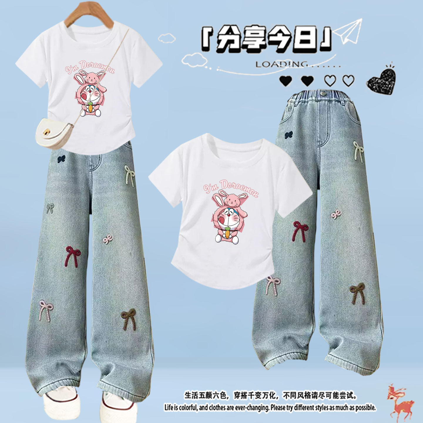 少女套装大童夏装时尚8-14岁印花T恤初中女学生绣花牛仔裤两件套-