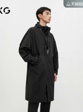 GXG男装 黑色户外风简约时尚宽松连帽风衣外套男士 24年秋季新品