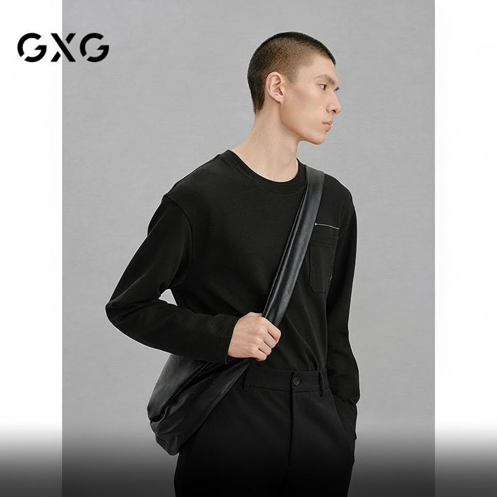GXG男装 商场同款黑色肌理感通勤圆领长袖T恤 24冬新品G24X344012,男装,T恤,淘宝优惠券,粉丝福利购,淘宝优惠卷