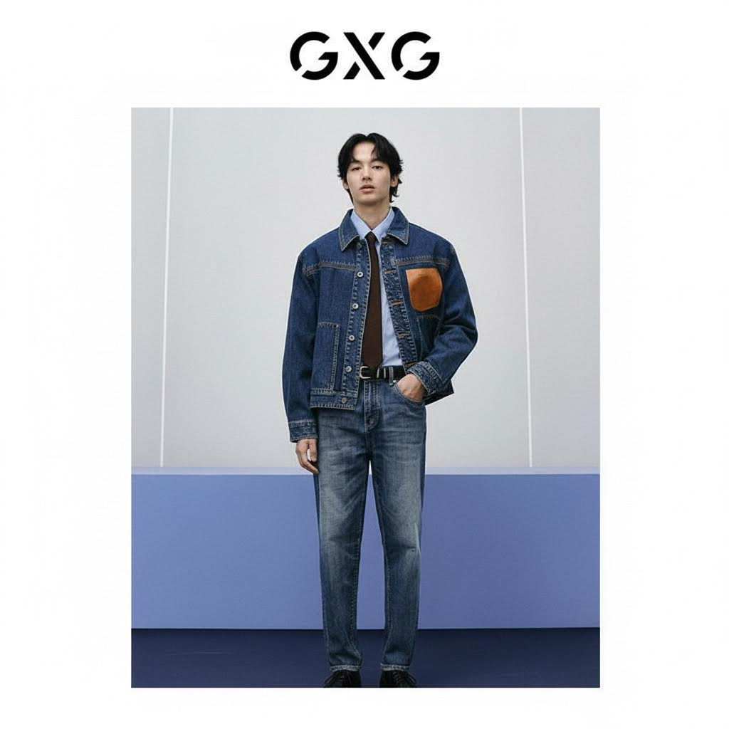 GXG男装 2024年春季PU皮口袋牛仔夹克弹力水洗牛仔裤日常休闲套装,男装,时尚套装,淘宝优惠券,粉丝福利购,淘宝优惠卷