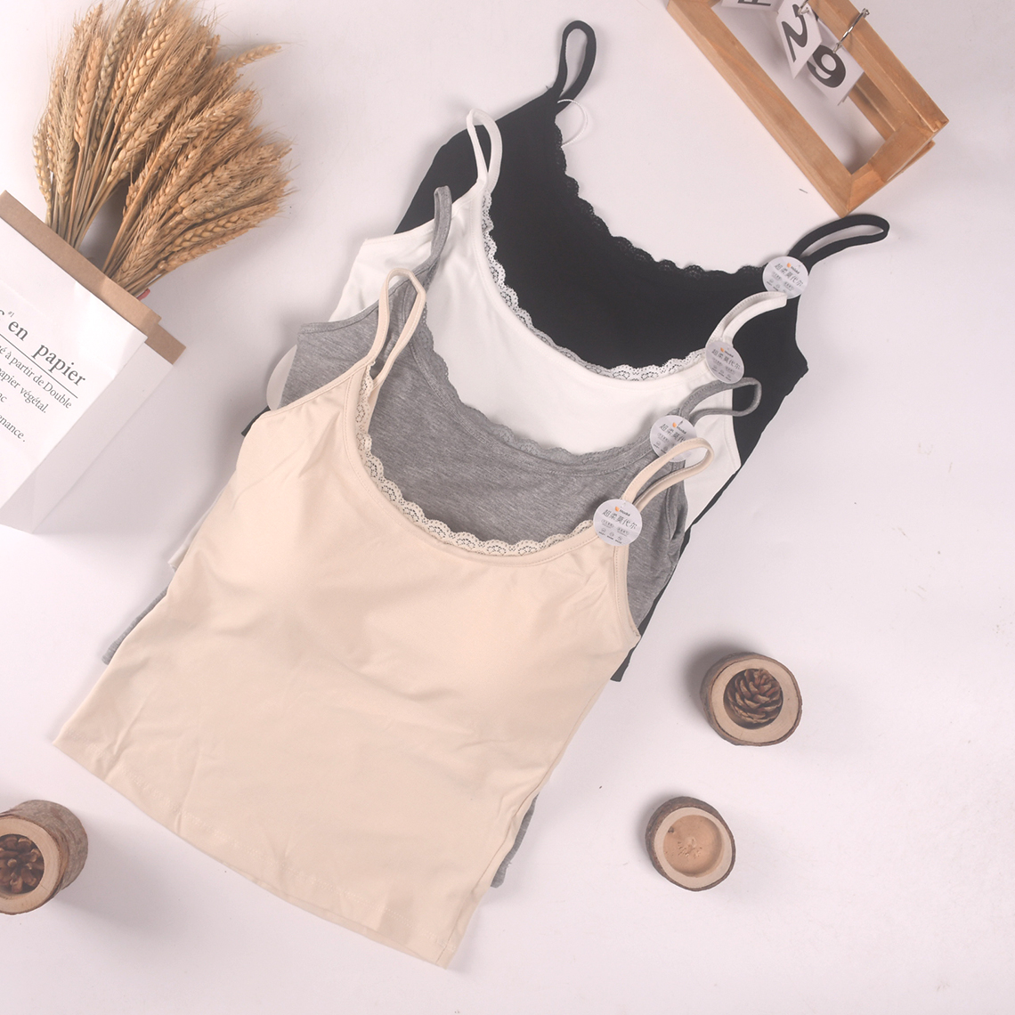 包邮温代诗莫代尔蕾丝细肩带立体固定杯垫四色春夏打底文胸背心