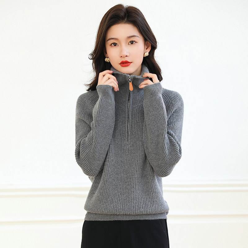 濮院翻领针织衫外穿毛衣女半拉链上衣2023秋冬休闲宽松带领打底衫