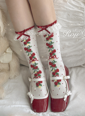 草莓串Lolita袜子女春秋过膝厚纯棉印花边洛丽塔印花日系瘦腿袜