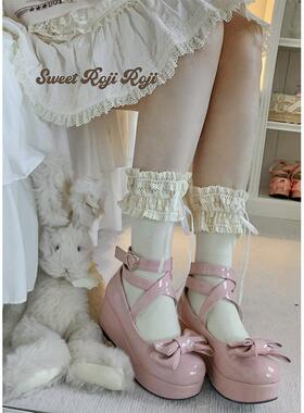 roji温柔乡Lolita袜子女秋蝴蝶结中筒袜洛丽塔蕾丝花边棉袜甜美