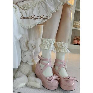 roji温柔乡Lolita袜子女秋蝴蝶结中筒袜洛丽塔蕾丝花边棉袜甜美