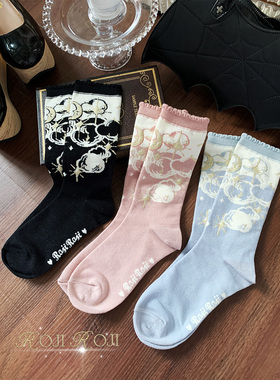 roji星月Lolita中筒秋透气纯棉蝴蝶结保暖瘦腿短袜cla洛丽塔日系