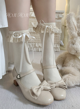 roji生成色Lolita袜子女春蝴蝶结夏季短袜洛丽塔蕾丝花边棉袜甜美