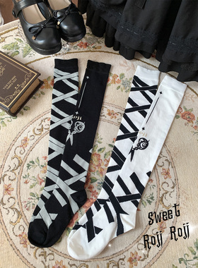 roji剪刀Lolita过膝袜女秋冬纯棉绑带蝴蝶结瘦腿短袜洛丽塔日系