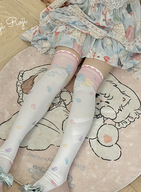 糖果袋Lolita袜子女春夏秋中筒袜天鹅绒印花过膝袜洛丽塔日系甜美