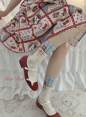 roji原创格子樱桃Lolita袜子女春夏纯棉蝴蝶结瘦腿短袜洛丽塔日系