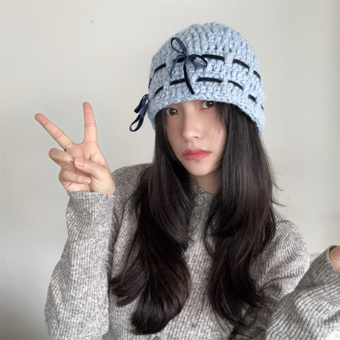 韩版纯手工编织粗毛线蝴蝶结套头冷帽甜美可爱保暖百搭针织帽女潮