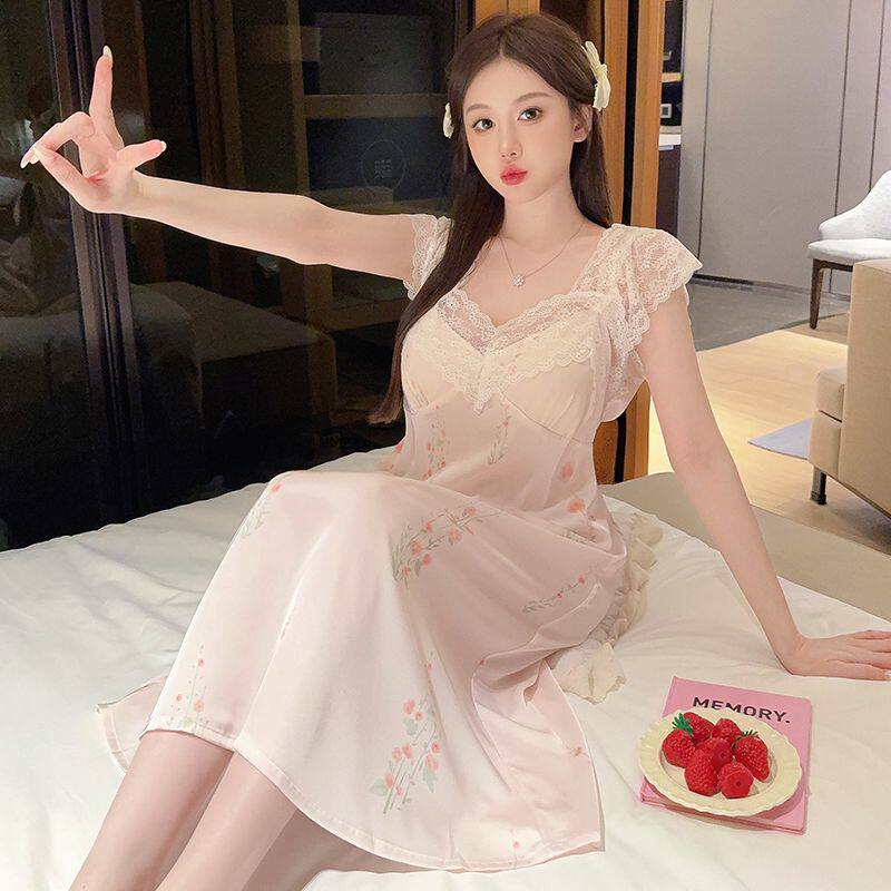 带胸垫睡裙冰丝蕾丝吊带睡衣女夏季天可外穿性感纯欲家居服中长款