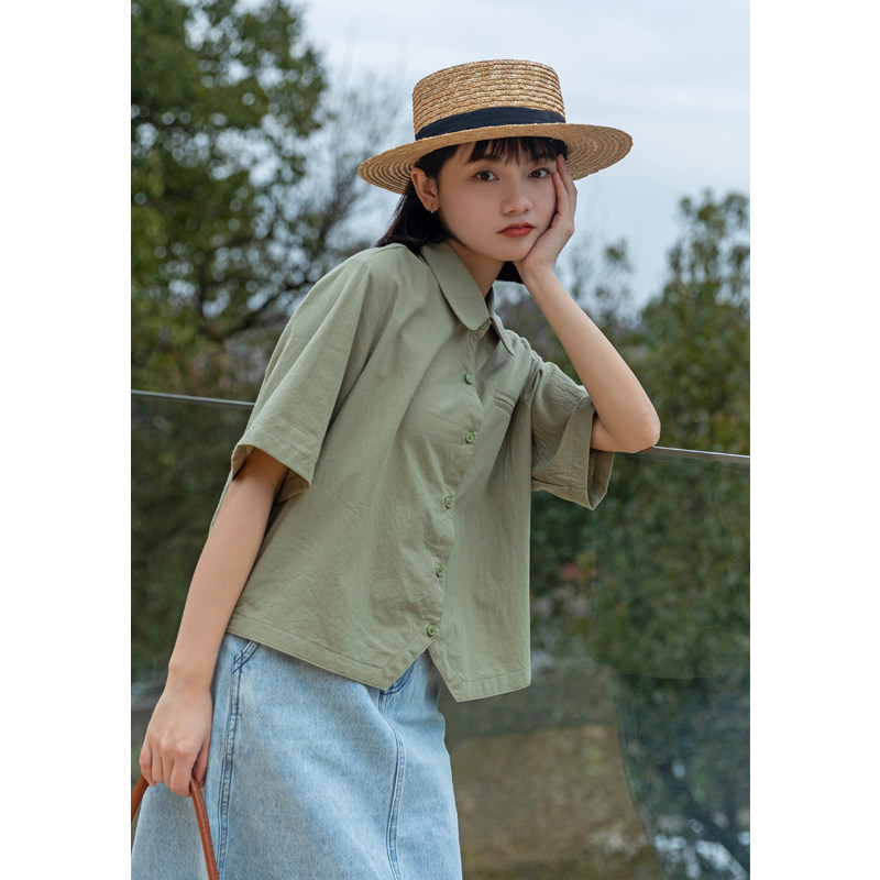 设计感衬衫女早秋日系小清新纯棉短袖翻领衬衣小个子短款上衣学生