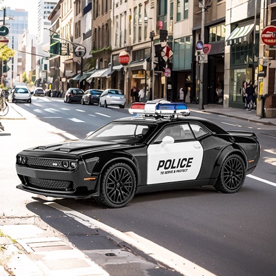 嘉业1:32道奇地狱猫SRT警车声光回力四开门合金跑车模型玩具摆件