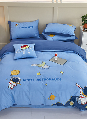 儿童床单四件套男孩纯棉卡通被套1.5米蓝色100全棉三件套1.2床笠