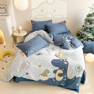 全棉床单被套儿童卡通三件套小男孩100纯棉四件套1.5床笠恐龙蓝色